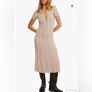 NWT Free People SML Cable Knit Short Sleeve Maxi Dress Sand Dollar Beige